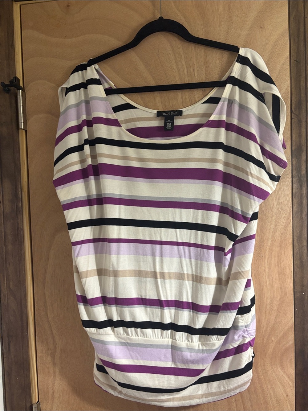 White House Black Market Cream, Purple & Black Striped Dolman Top